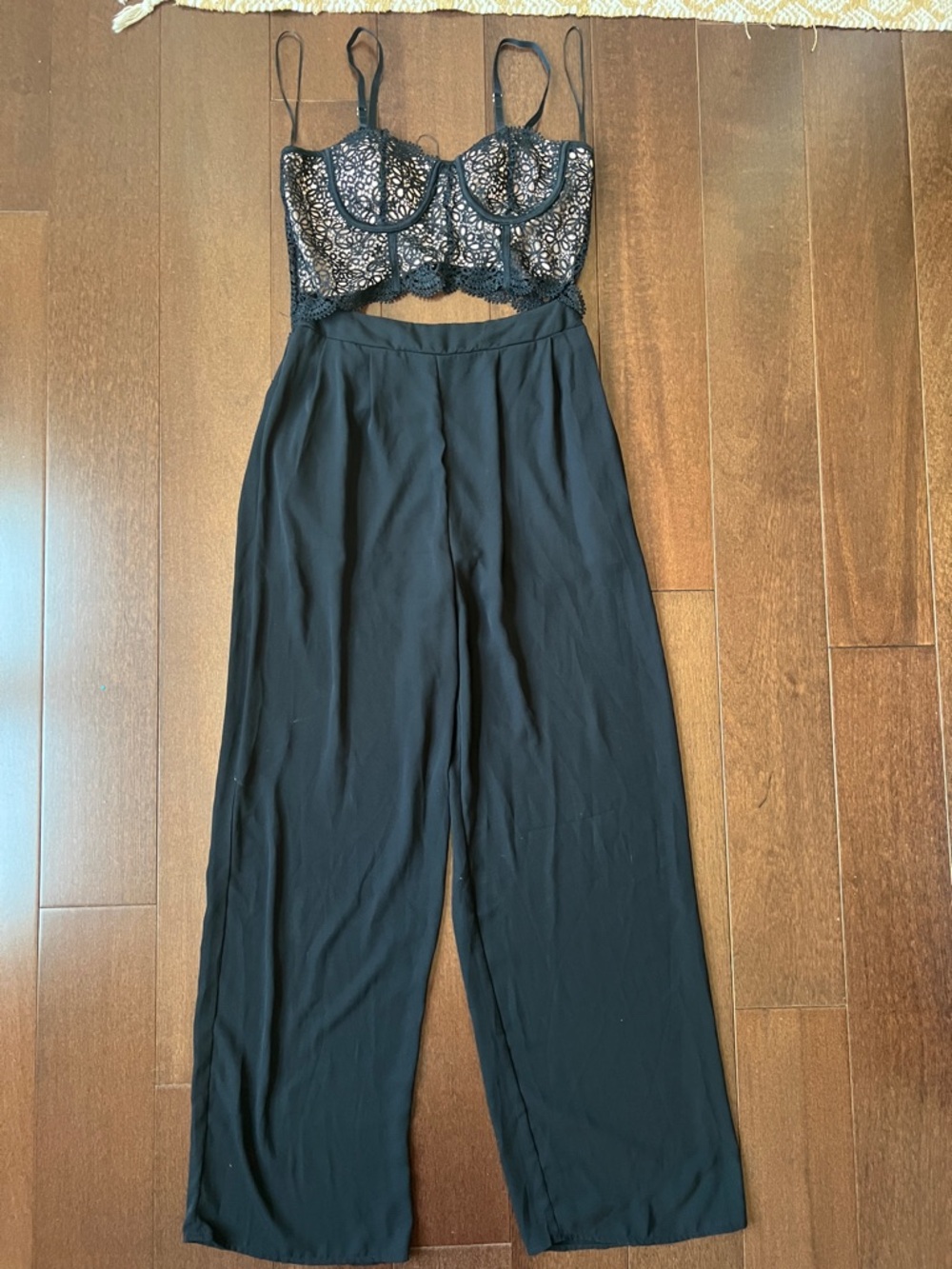 Black Wide-Leg Jumpsuit with Lace Bodice